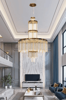 Modern Multi-layered Glass&Metal Rods Chandelier for High-ceiling - D47.64"*H73.6"(D121cm*H187cm)Dimmable Warm LightBlushlighting