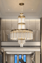 Modern Multi-layered Glass&Metal Rods Chandelier for High-ceiling - D47.64"*H73.6"(D121cm*H187cm)Dimmable Warm LightBlushlighting