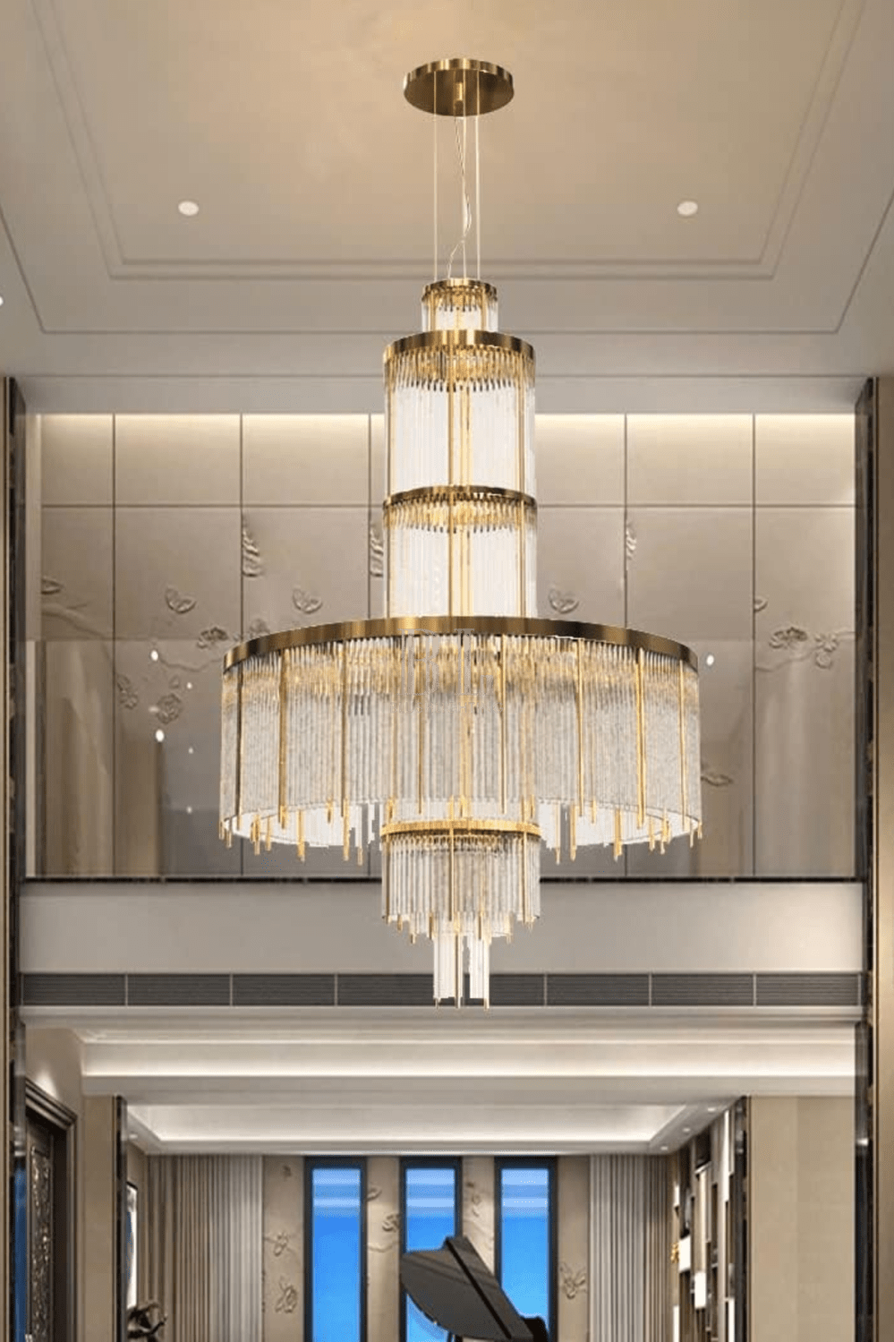 Modern Multi-layered Glass&Metal Rods Chandelier for High-ceiling - D47.64"*H73.6"(D121cm*H187cm)Dimmable Warm LightBlushlighting