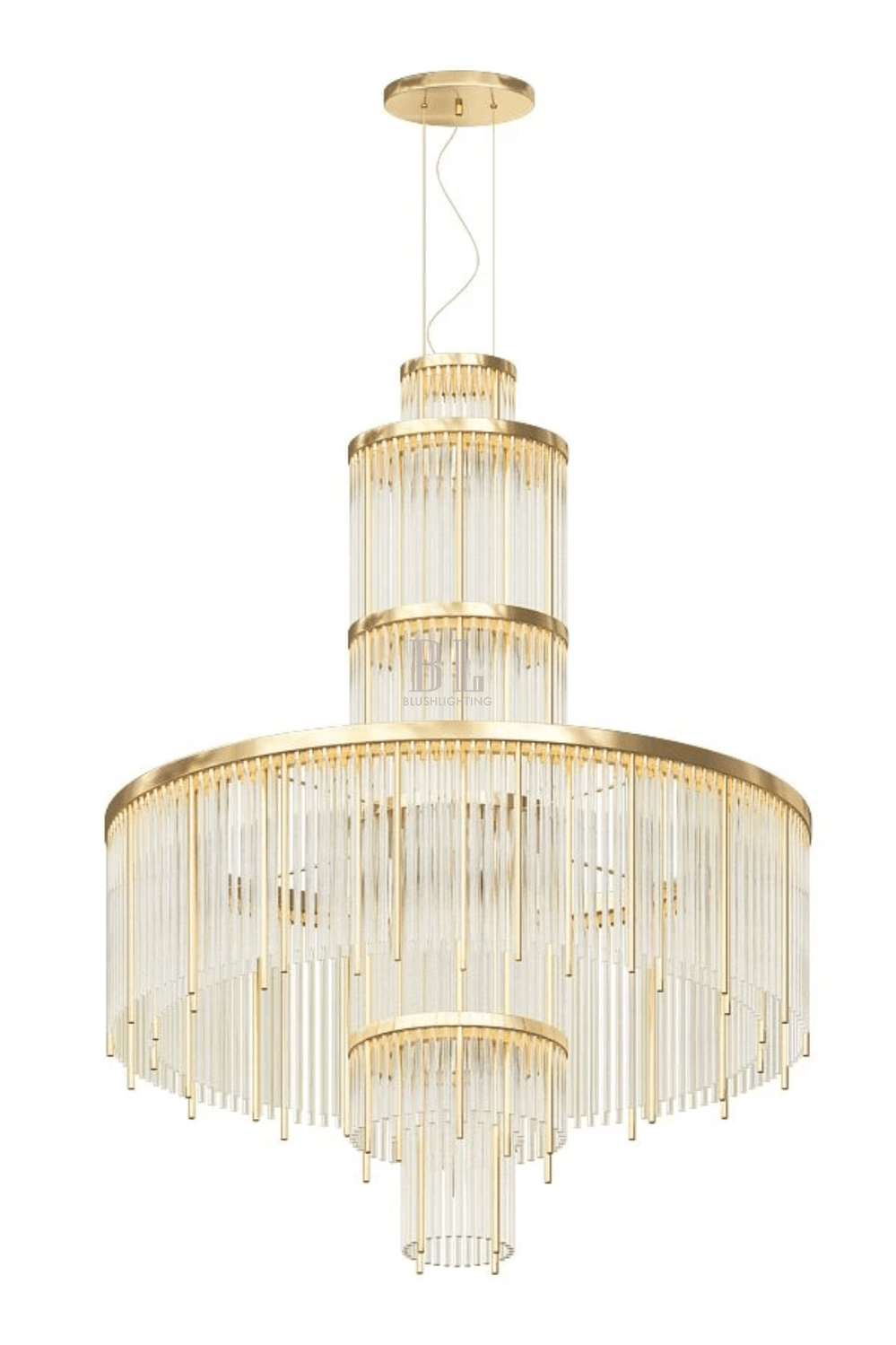 Modern Multi-layered Glass&Metal Rods Chandelier for High-ceiling - D47.64"*H73.6"(D121cm*H187cm)Dimmable Warm LightBlushlighting