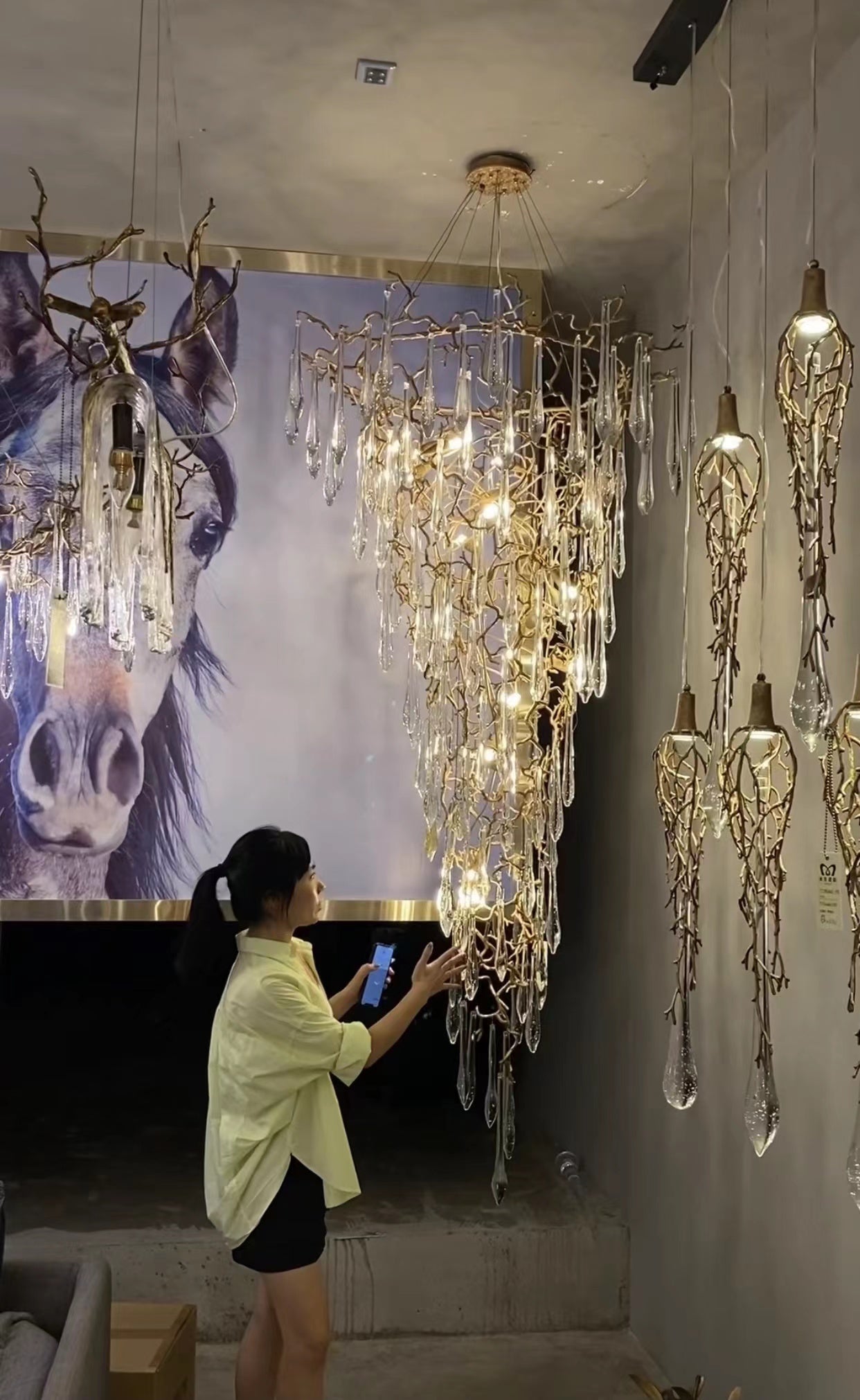 Modern Oversized Luxury Copper Crystal Long Crystal Branch Air Bubble Drop Staircase Light fixture-Chandeliers-Blushlighting