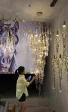 Modern Oversized Luxury Copper Crystal Long Crystal Branch Air Bubble Drop Staircase Light fixture-Chandeliers-Blushlighting