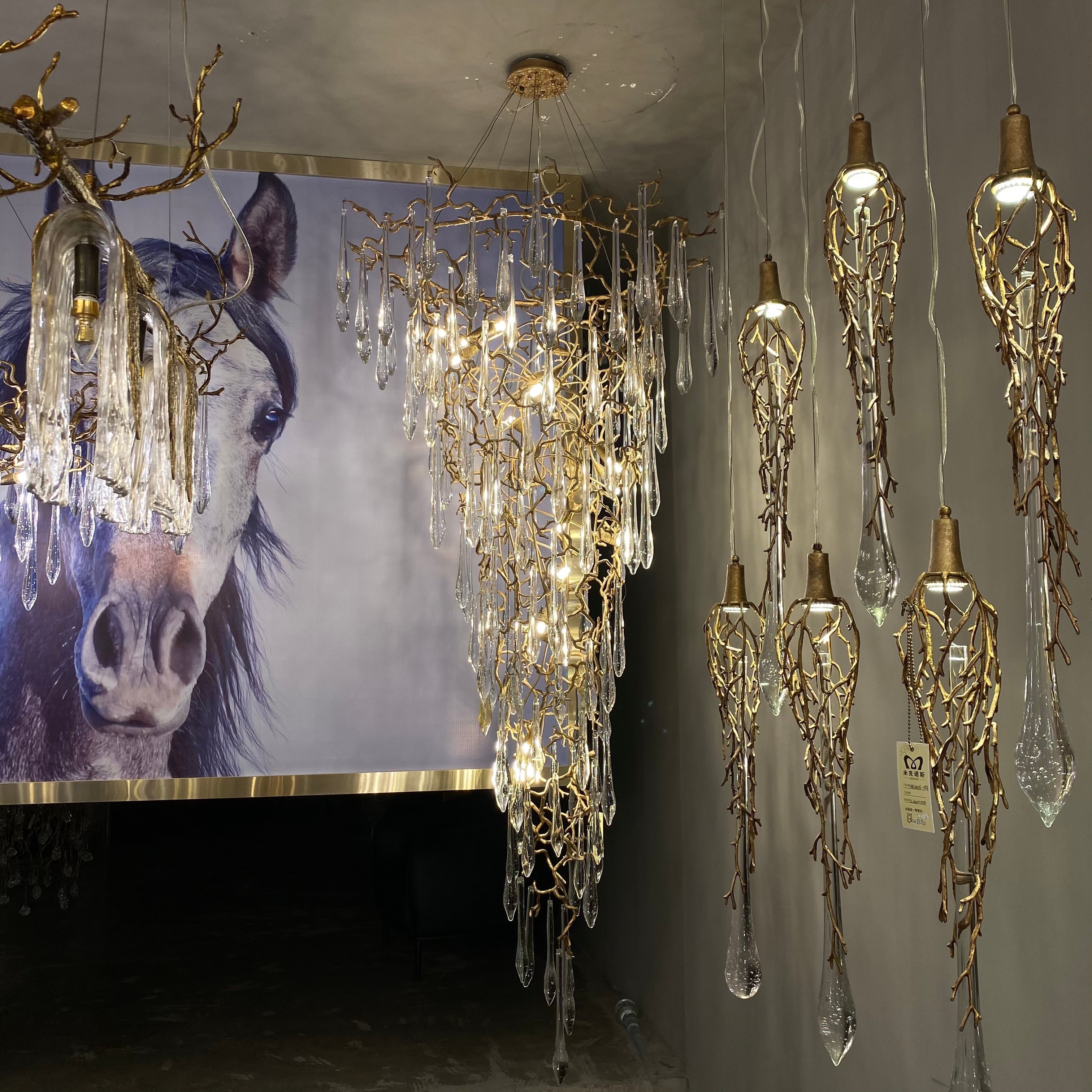 Modern Oversized Luxury Copper Crystal Long Crystal Branch Air Bubble Drop Staircase Light fixture-Chandeliers-Blushlighting