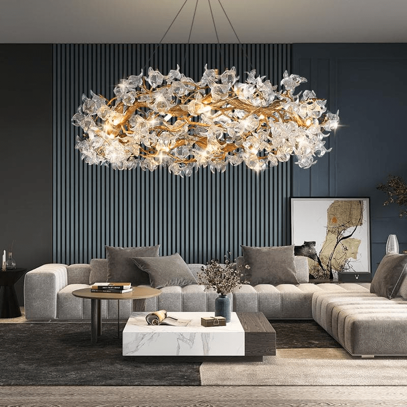 Modern Petal Crystal Round Brass Branch Chandelier - 24" W x 14" HBlushlighting