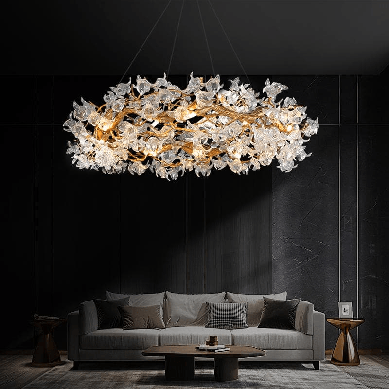 Modern Petal Crystal Round Brass Branch Chandelier - 24" W x 14" HBlushlighting