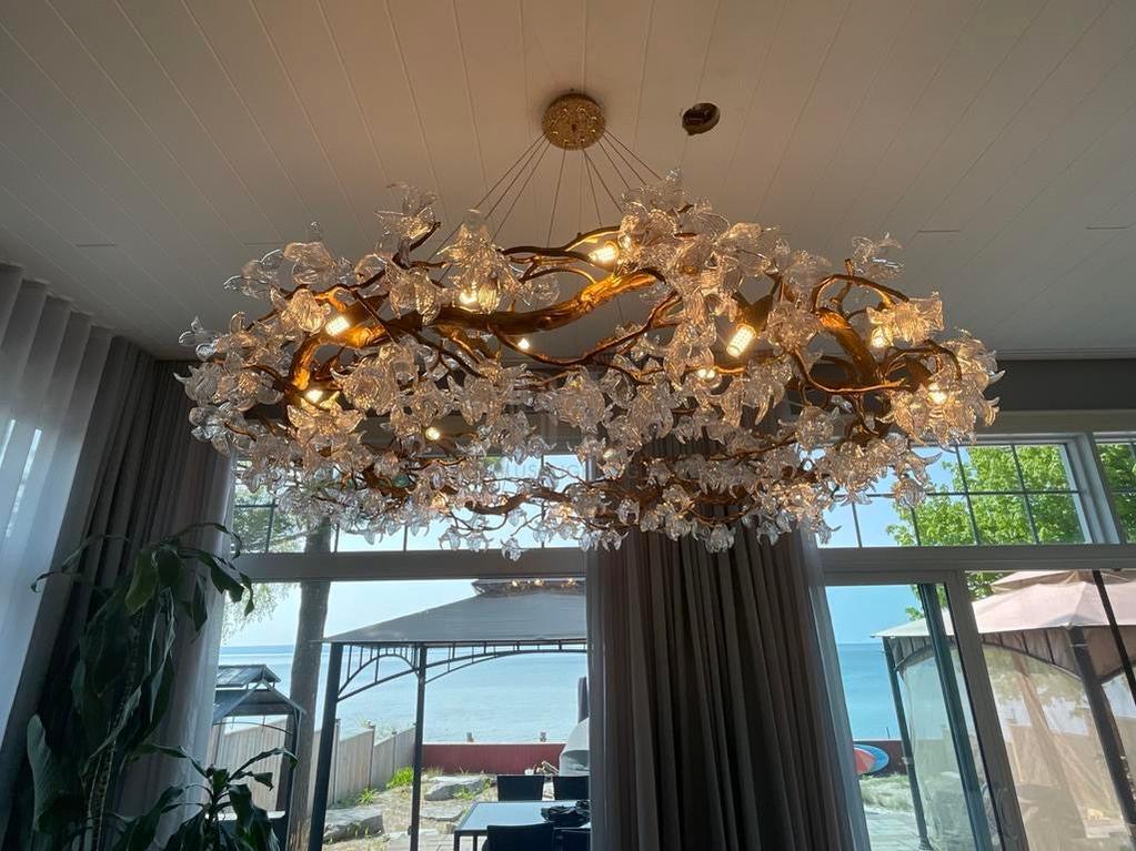 Modern Petal Crystal Round Brass Branch Chandelier For Living Room - 24" W X 14" HBlushlighting