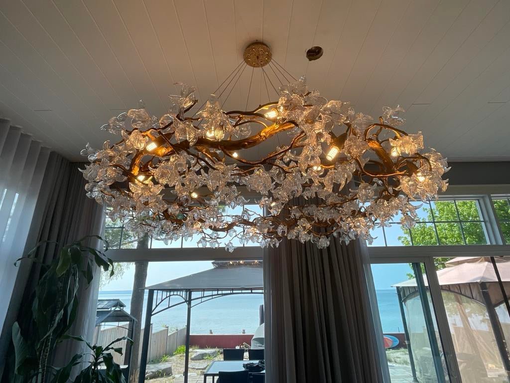 Modern Petal Crystal Round Brass Branch Chandelier For Living Room - 47" W X 18" HBlushlighting