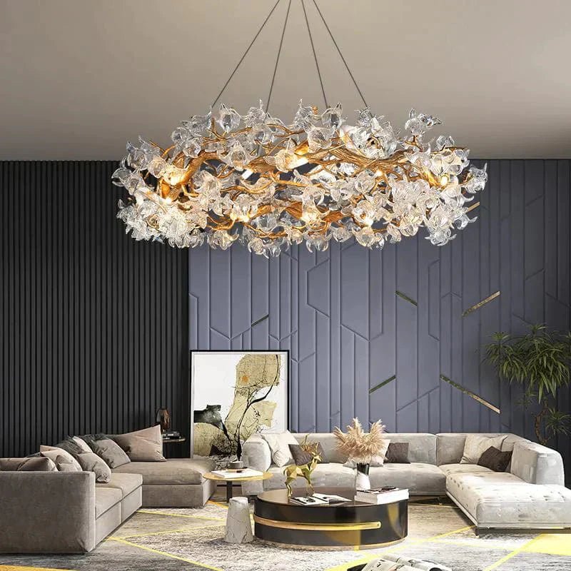 Modern Petal Crystal Round Brass Branch Chandelier For Living Room - 24" W X 14" HBlushlighting