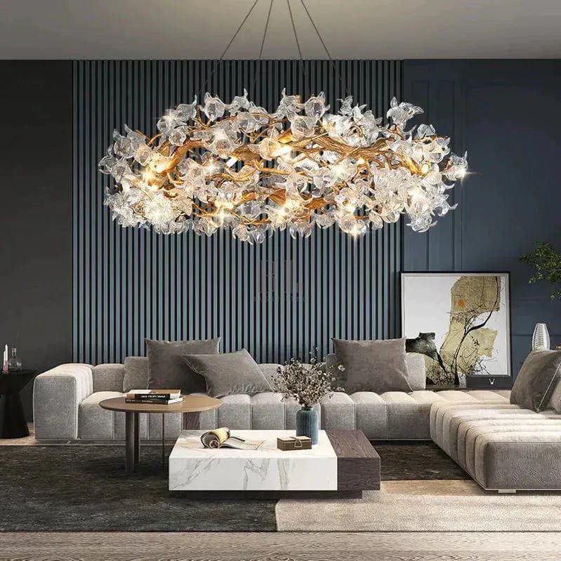 Modern Petal Crystal Round Brass Branch Chandelier For Living Room - 47" W X 18" HBlushlighting