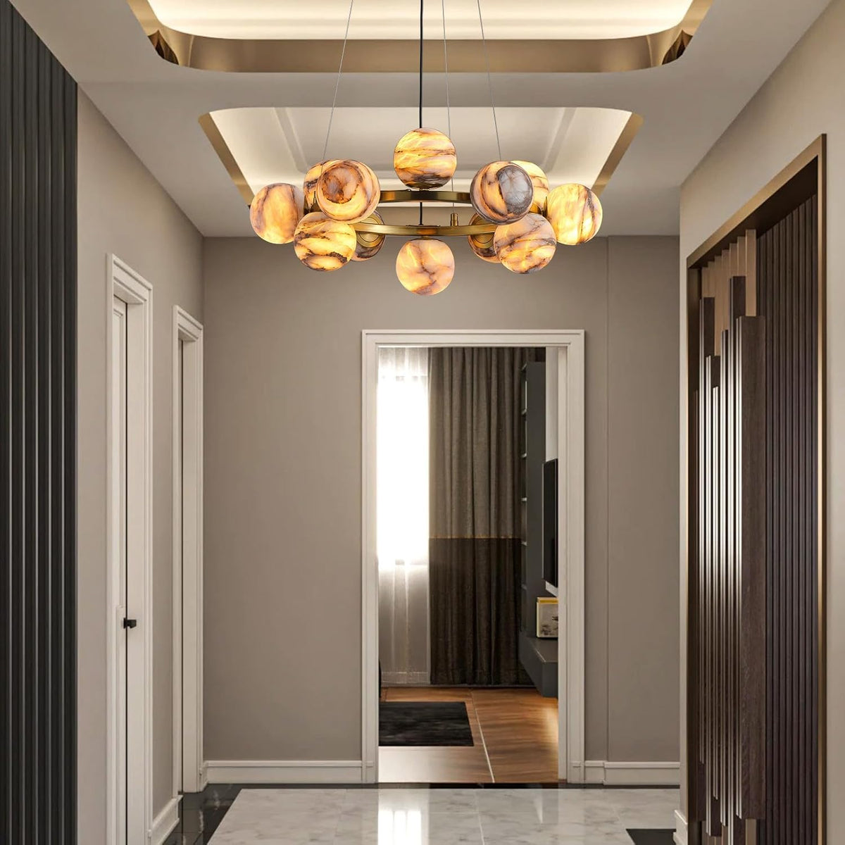 Modern Round Alabaster Chandelier - D560-21.5"L × 15"W × 21"HBlushlighting