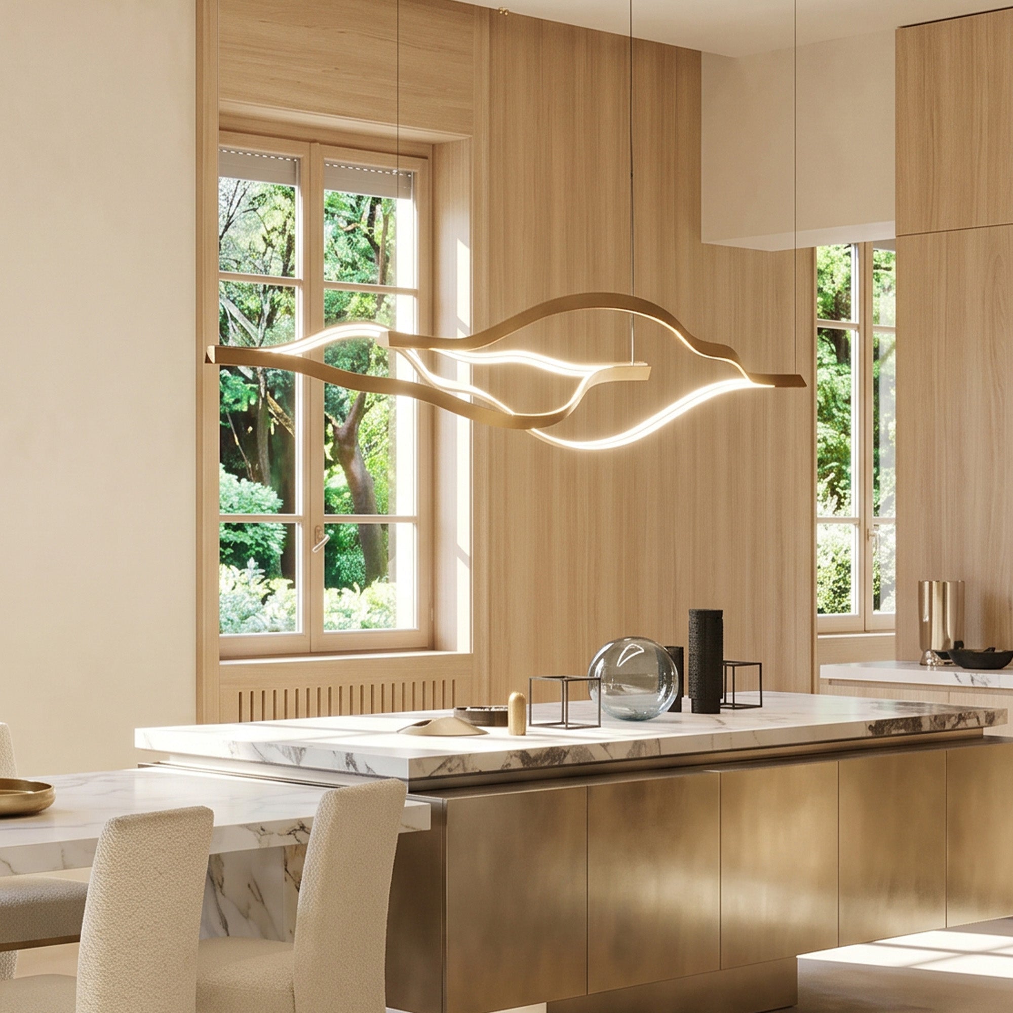 Modern Simple Brass Waving Chandelier for Living/Dining Room/Kitchen Island - 3 crossed pendant: L31.5"+L39.4"+L47.2"ChromeWarm LightBlushlighting