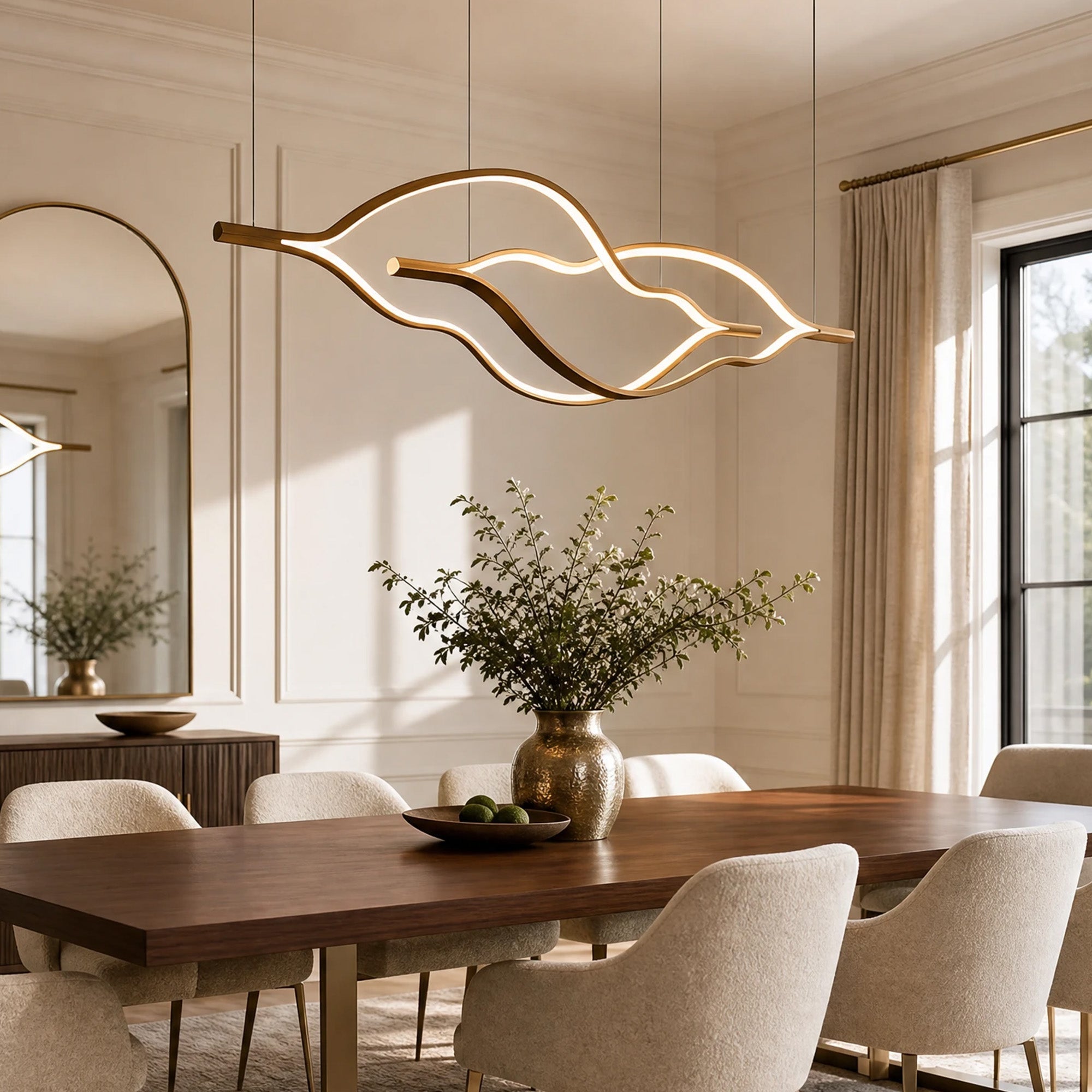 Modern Simple Brass Waving Chandelier for Living/Dining Room/Kitchen Island - 2 crossed pendant: L39.4"+L47.2"/17kgWoodWarm LightBlushlighting