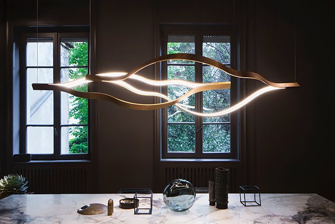 Modern Simple Brass Waving Chandelier for Living/Dining Room/Kitchen Island - L31.5"*W2.2"*H11.8"WoodWarm LightBlushlighting