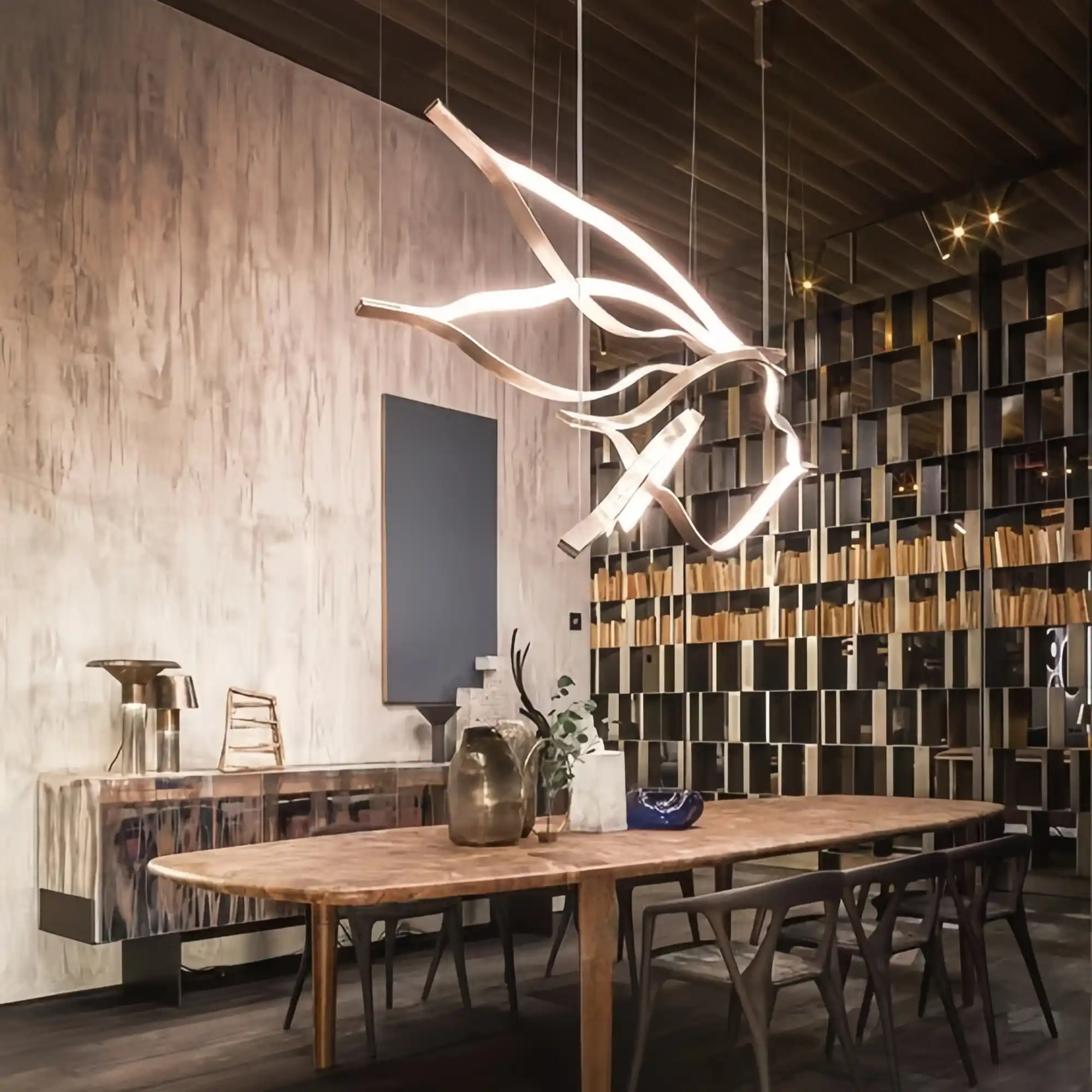 Modern Simple Brass Waving Chandelier for Living/Dining Room/Kitchen Island-Chandeliers-Blush-Lighting-L31.5"*W2.2"*H11.8"-Wood-Warm Light