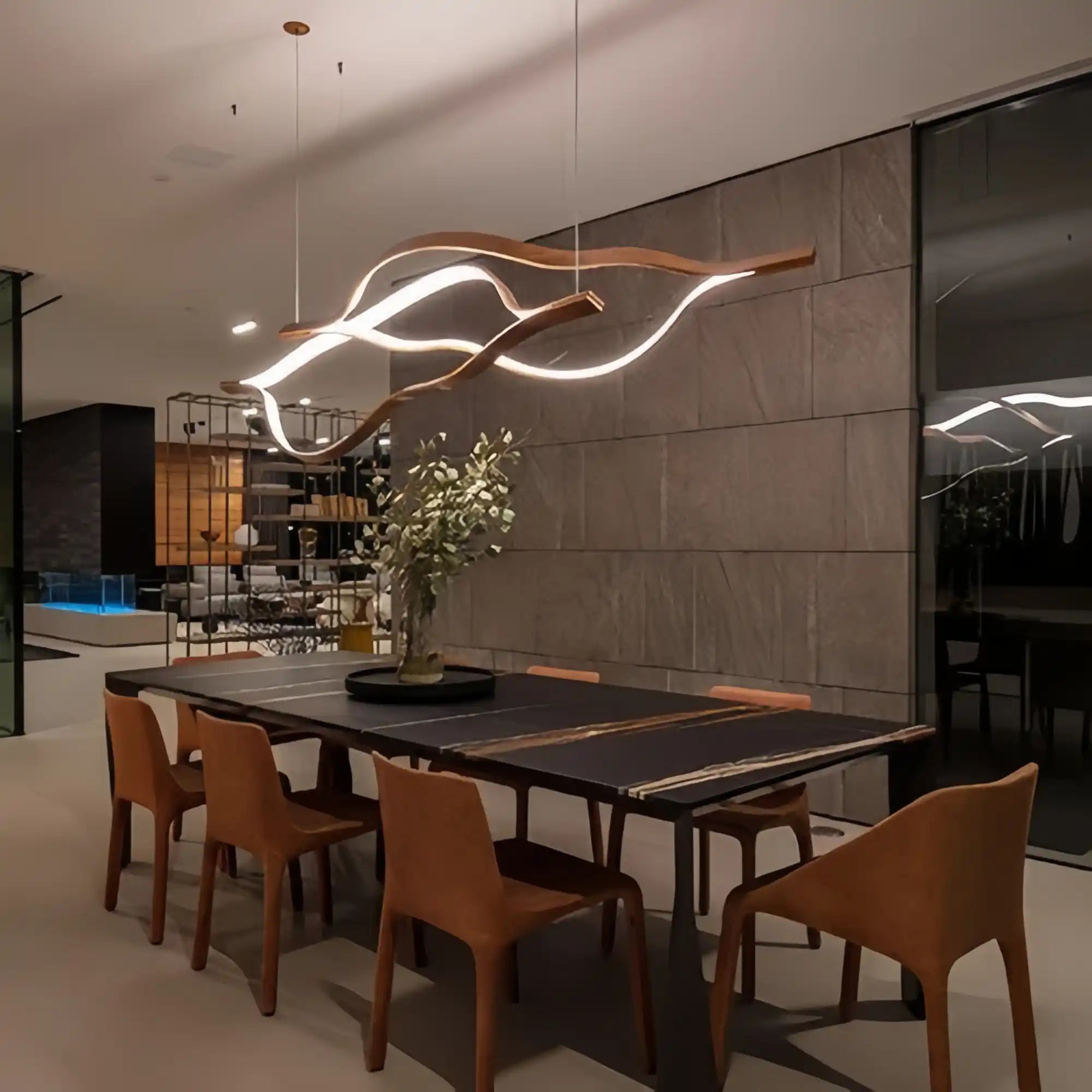 Modern Simple Brass Waving Chandelier for Living/Dining Room/Kitchen Island-Chandeliers-Blush-Lighting-2 crossed pendant: L39.4"+L47.2"/17kg-Wood-Warm Light