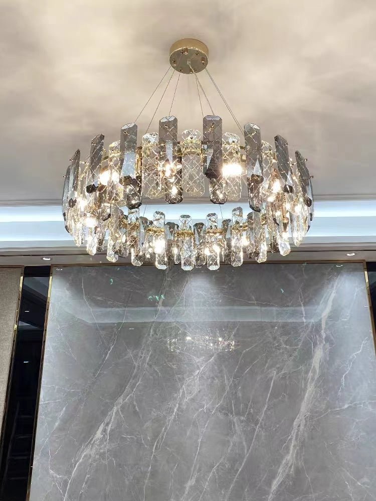 Modern Smoky Gray Crystal Chandelier Gleamy Light Fixture for Living/Dining Room/ Bedroom/ Home Office - Round D39.37"*H8.66"GoldWarm LightBlushlighting