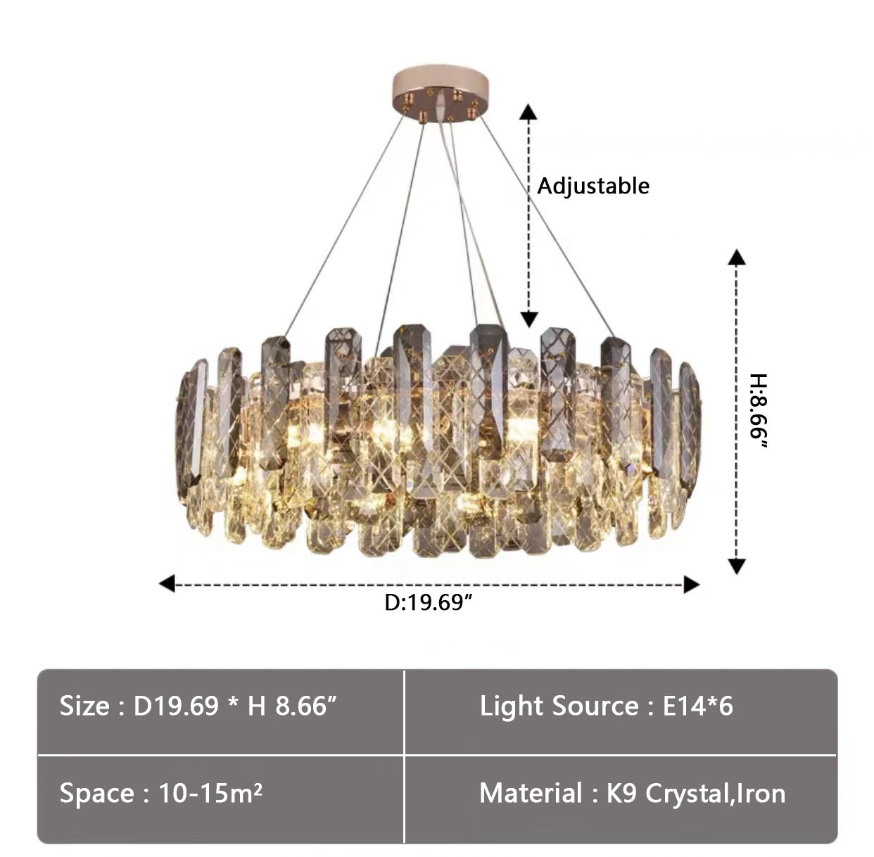 Modern Smoky Gray Crystal Chandelier Gleamy Light Fixture for Living/Dining Room/ Bedroom/ Home Office - Round D39.37"*H8.66"GoldWarm LightBlushlighting