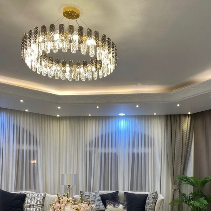 Modern Smoky Gray Crystal Chandelier Gleamy Light Fixture for Living/Dining Room/ Bedroom/ Home Office - Round D19.69"*H8.66"/20kgGoldWarm LightBlushlighting
