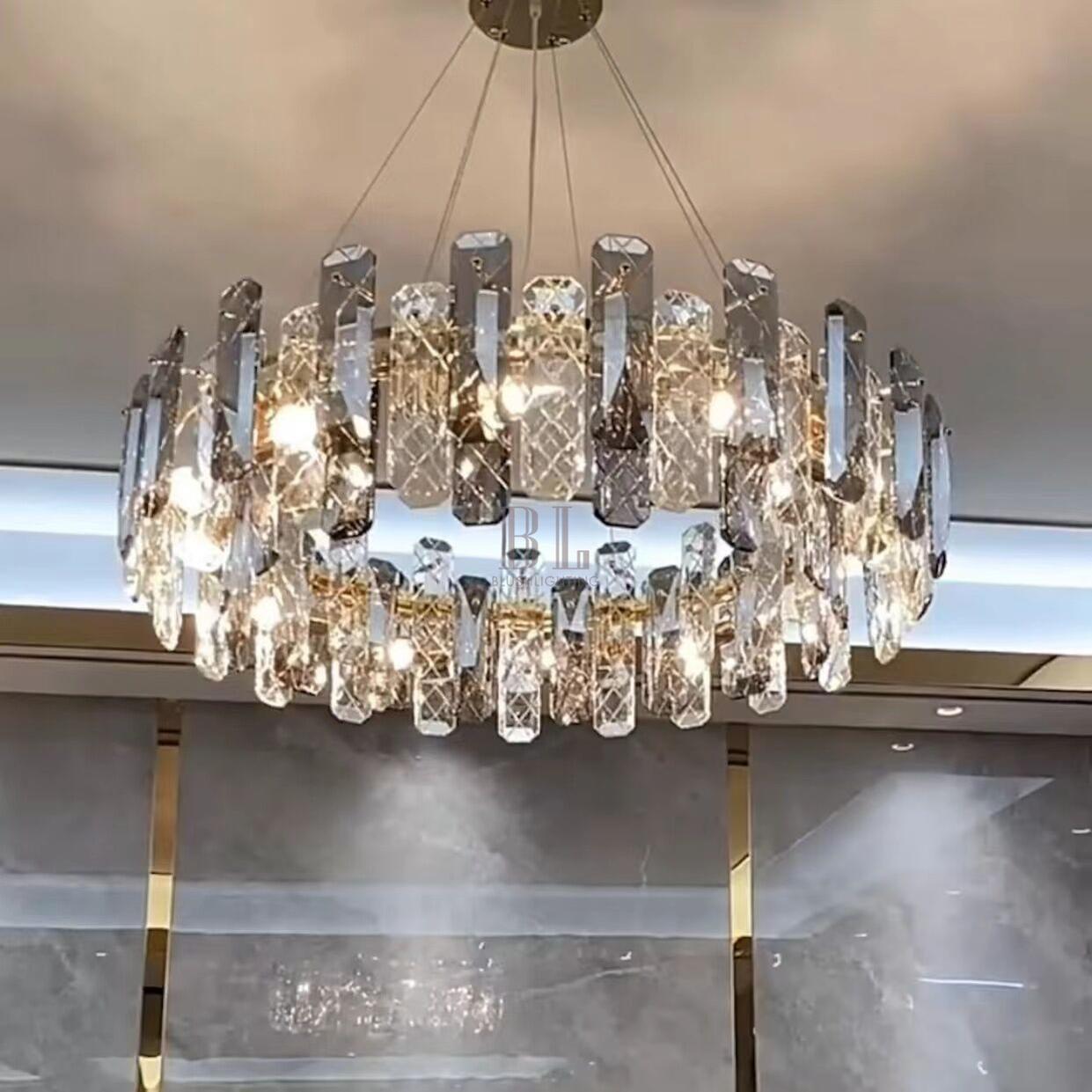 Modern Smoky Gray Crystal Chandelier Gleamy Light Fixture for Living/Dining Room/ Bedroom/ Home Office-Chandeliers-Blushlighting-Round D19.69"*H8.66"/20kg-Gold-Warm Light-Blushlighting