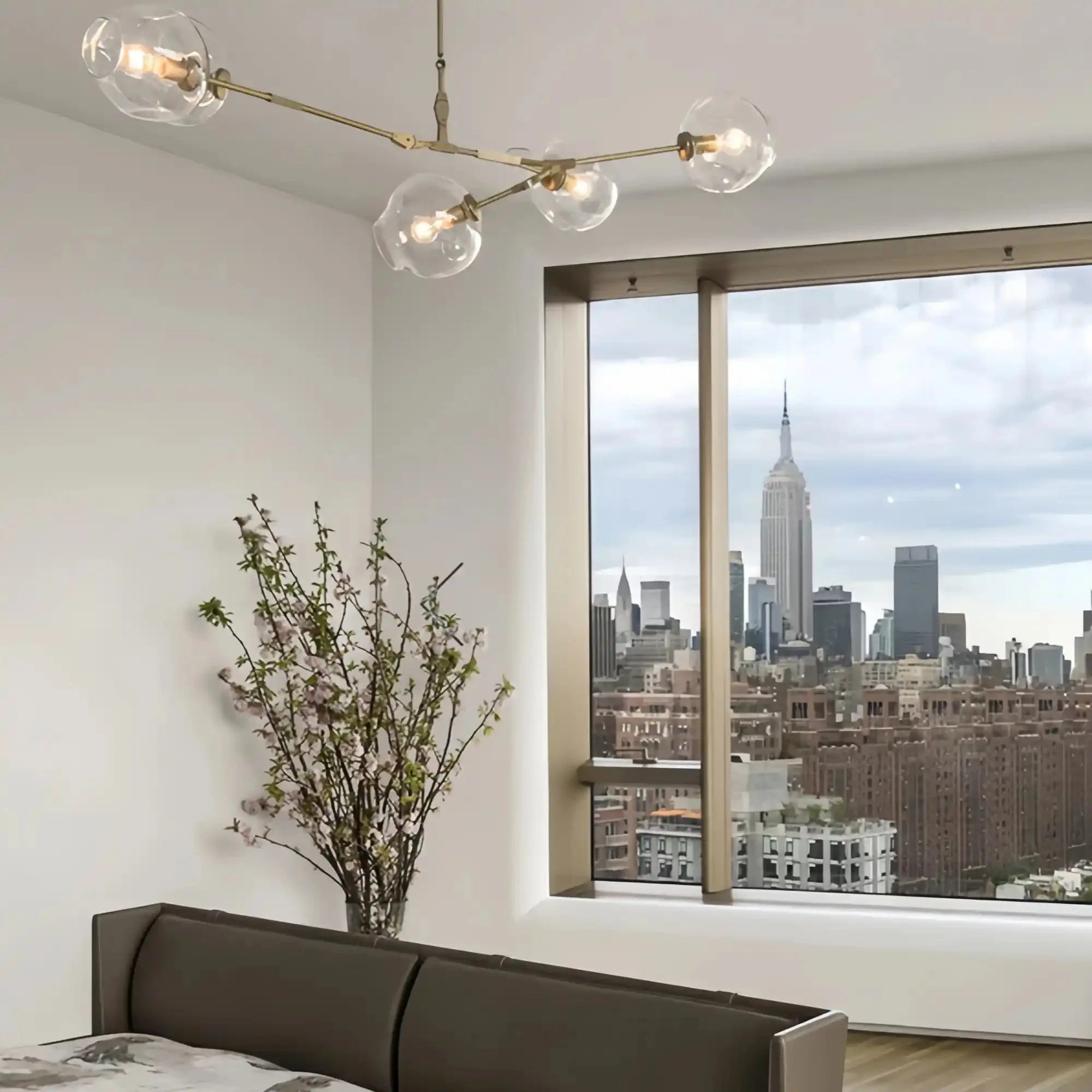 Modern Sputnik Smoky Gray/Amber Glass Branch Chandelier for Kitchen Island/Dining Room - 5 Globes/W43.3"*D21.65"*H20"Brass Finish/Clear GlassWarm LightBlushlighting
