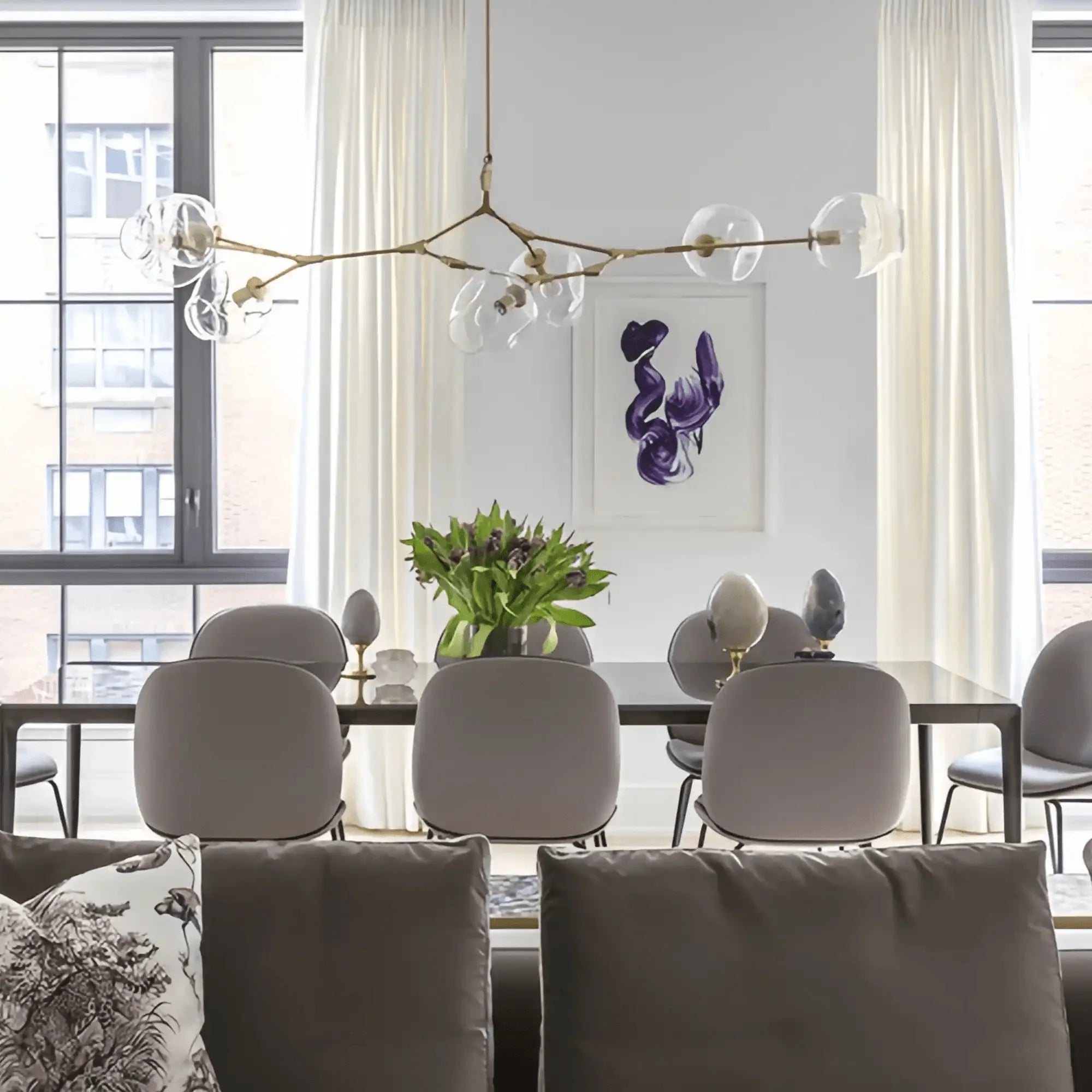 Modern Sputnik Smoky Gray/Amber Glass Branch Chandelier for Kitchen Island/Dining Room - 5 Globes/W43.3"*D21.65"*H20"Brass Finish/Clear GlassWarm LightBlushlighting