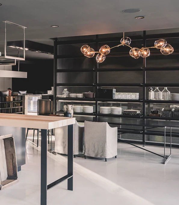 Modern Sputnik Smoky Gray/Amber Glass Branch Chandelier for Kitchen Island/Dining Room - 9 Globes/W79.9"*25.2"*H20.87"Brass Finish/Clear GlassWarm LightBlushlighting