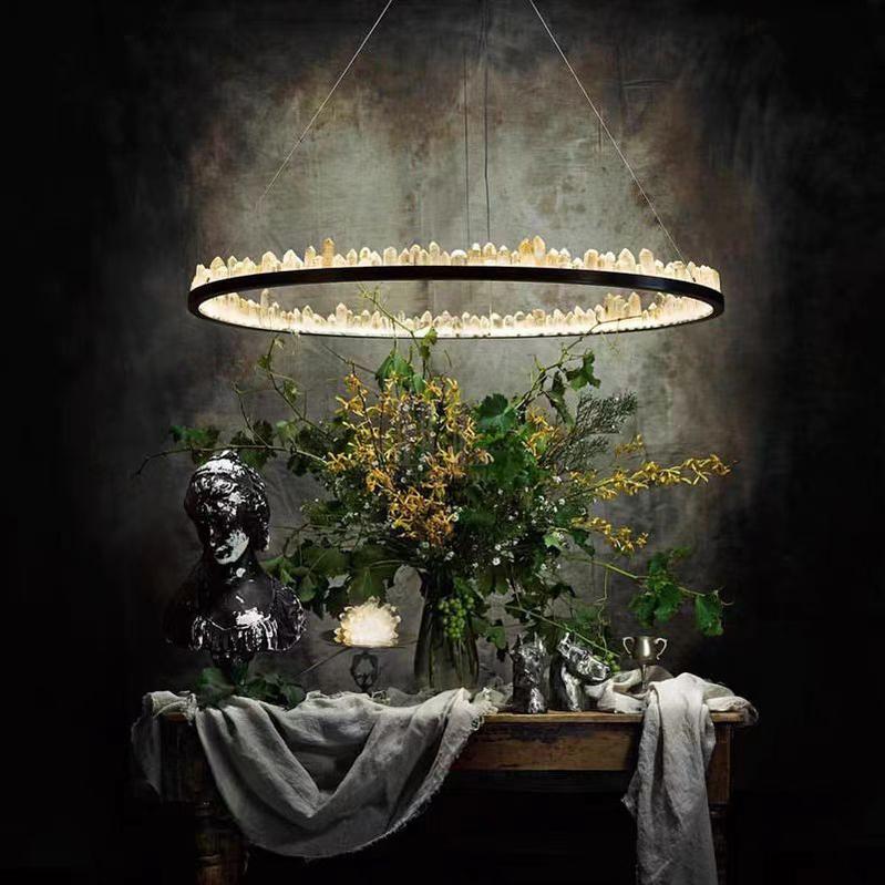 Modern Style Rings Brass & Natural Quartz Crystal Chandelier in Brass/Black Finish - 1 Tier / D23.6" * H4"BrassWarm LightBlushlighting