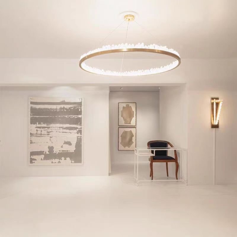 Modern Style Rings Brass & Natural Quartz Crystal Chandelier in Brass/Black Finish - 1 Tier / D23.6" * H4"BrassWarm LightBlushlighting