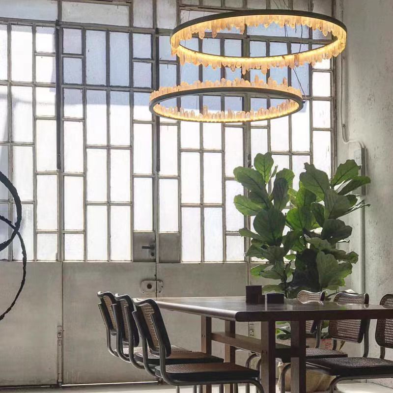 Modern Style Rings Brass & Natural Quartz Crystal Chandelier in Brass/Black Finish - 1 Tier / D23.6" * H4"BrassWarm LightBlushlighting