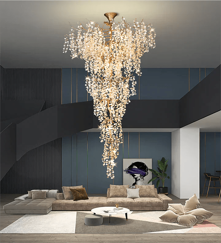Modern Unique Artistic Flower Brass Branch Semi - flush Mount Chandelier for Living Room/ Hallway/ Entryway/ Staircase - D 35.43" * H 78.74"Warm LightBlushlighting