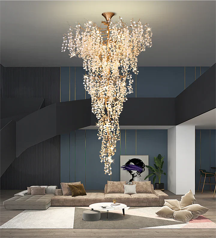 Modern Unique Artistic Flower Brass Branch Semi-flush Mount Chandelier for Living Room/ Hallway/ Entryway/ Staircase-Chandeliers-Blushlighting