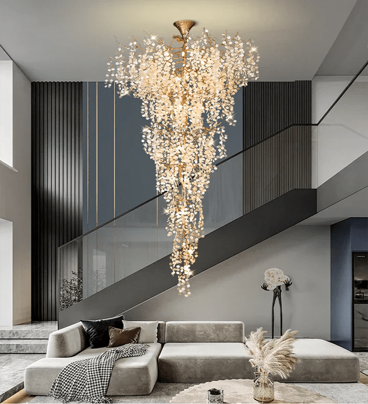 Modern Unique Artistic Flower Brass Branch Semi - flush Mount Chandelier for Living Room/ Hallway/ Entryway/ Staircase - D 35.43" * H 78.74"Warm LightBlushlighting