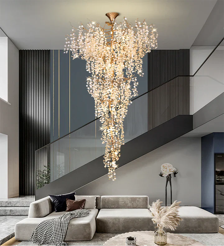 Modern Unique Artistic Flower Brass Branch Semi-flush Mount Chandelier for Living Room/ Hallway/ Entryway/ Staircase-Chandeliers-Blushlighting