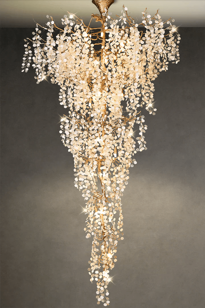 Modern Unique Artistic Flower Brass Branch Semi - flush Mount Chandelier for Living Room/ Hallway/ Entryway/ Staircase - D 35.43" * H 78.74"Warm LightBlushlighting