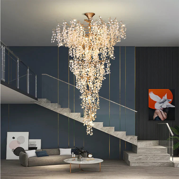 Modern Unique Artistic Flower Brass Branch Semi-flush Mount Chandelier for Living Room/ Hallway/ Entryway/ Staircase-Chandeliers-Blushlighting