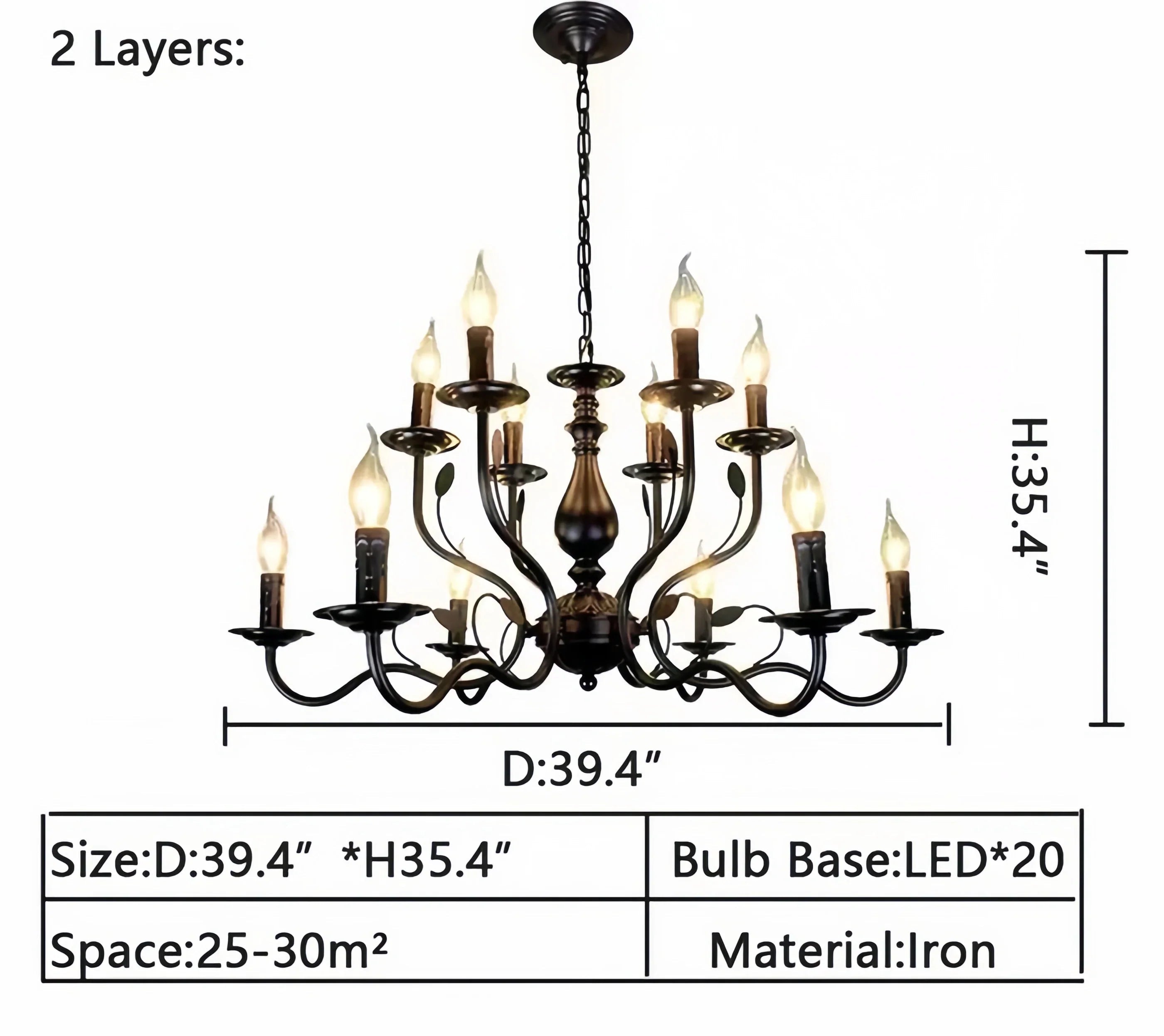 Multi Layer Iron Chandelier with Electronic Candles in Vintage Country Style for Living Room Cafe and Study - 2 Layers: D39.4"Warm LightBlushlighting