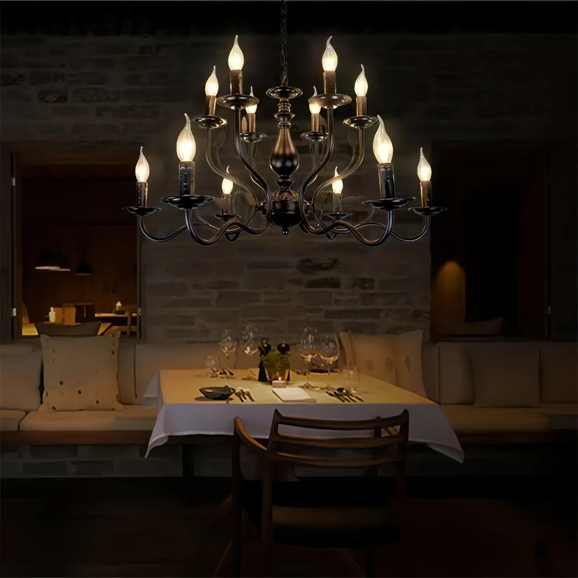 Multi Layer Iron Chandelier with Electronic Candles in Vintage Country Style for Living Room Cafe and Study-