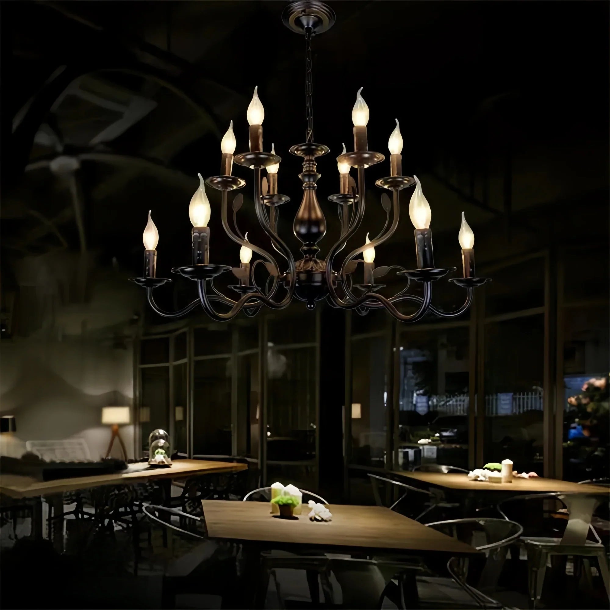 Multi Layer Iron Chandelier with Electronic Candles in Vintage Country Style for Living Room Cafe and Study-