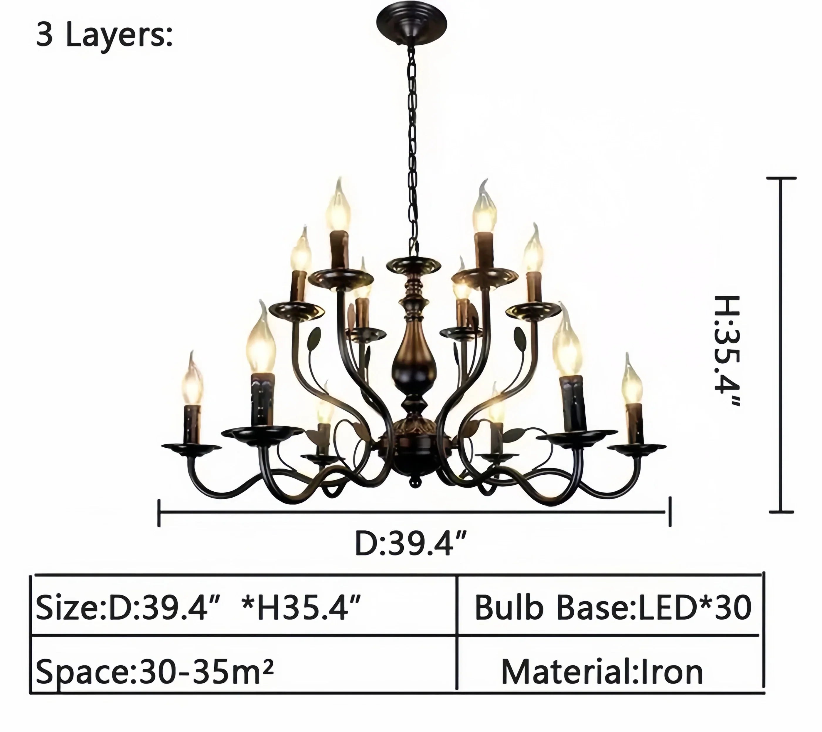 Multi Layer Iron Chandelier with Electronic Candles in Vintage Country Style for Living Room Cafe and Study-