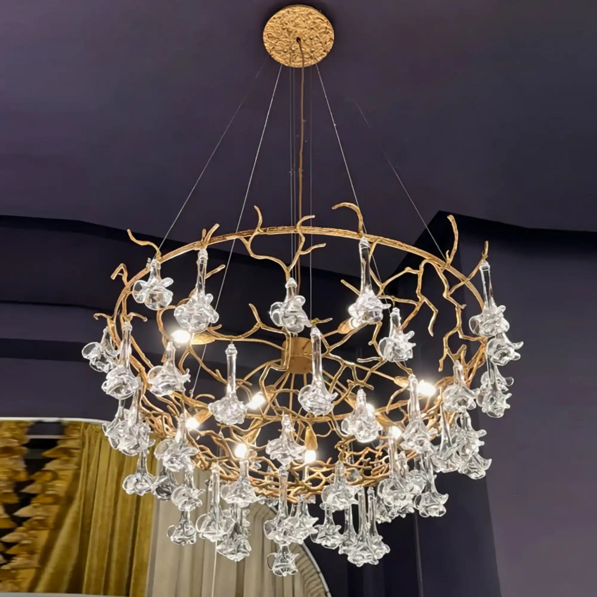 Nature-inspired Brass Tree Chandelier with Glazed Glass Flowers - Style A/D33.46"*H19.7"(D85cm*H50cm)Warm LightBlushlighting