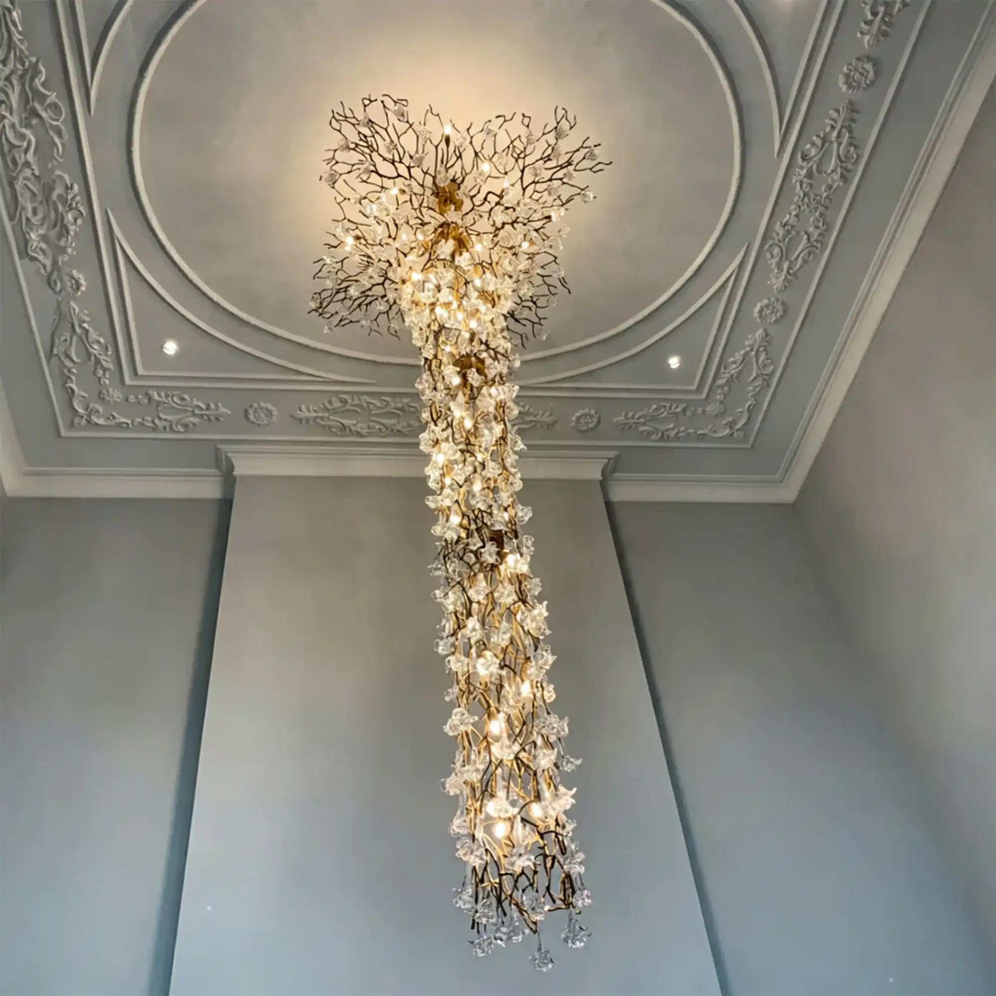 Nature-inspired Brass Tree Chandelier with Glazed Glass Flowers - Style D/L78.7"*W39.4"*H25.59"(L200cm*W100cm*H65cm)Warm LightBlushlighting