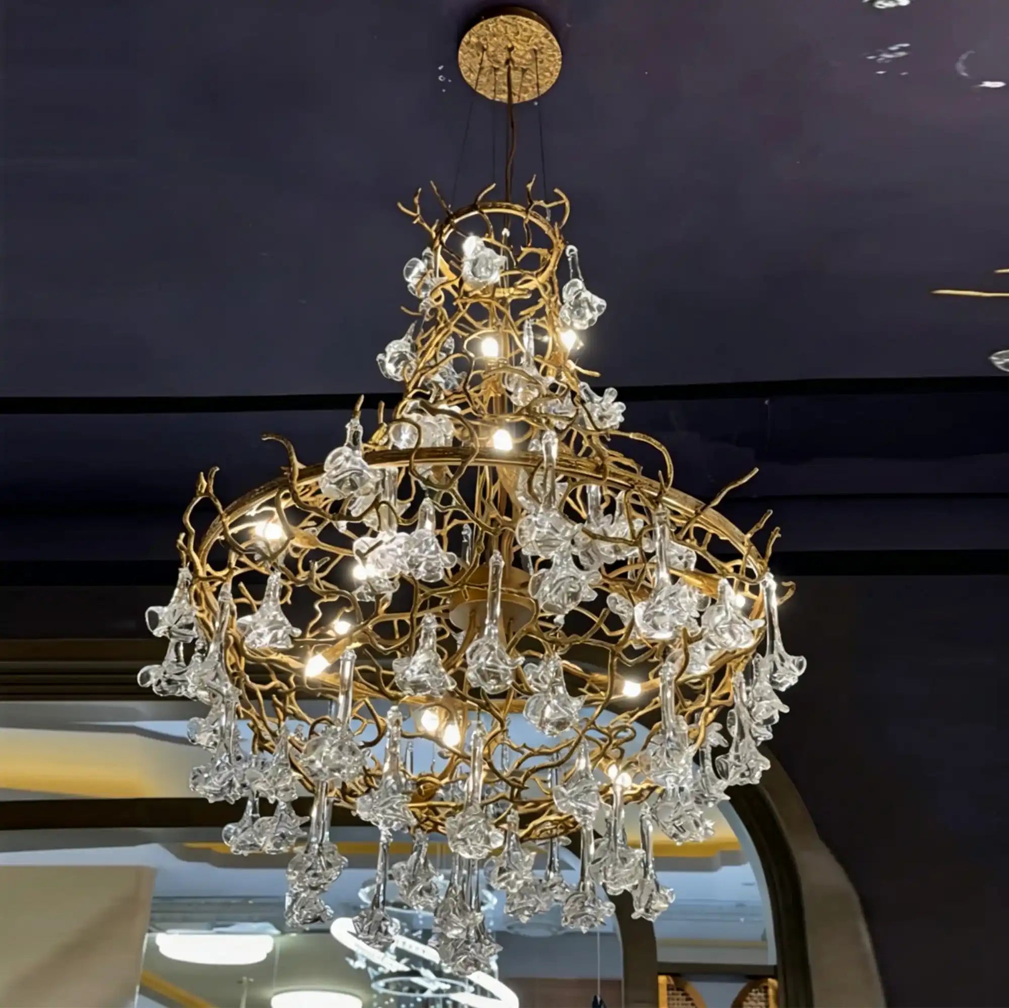 Nature-inspired Brass Tree Chandelier with Glazed Glass Flowers - Style D/L78.7"*W39.4"*H25.59"(L200cm*W100cm*H65cm)Warm LightBlushlighting