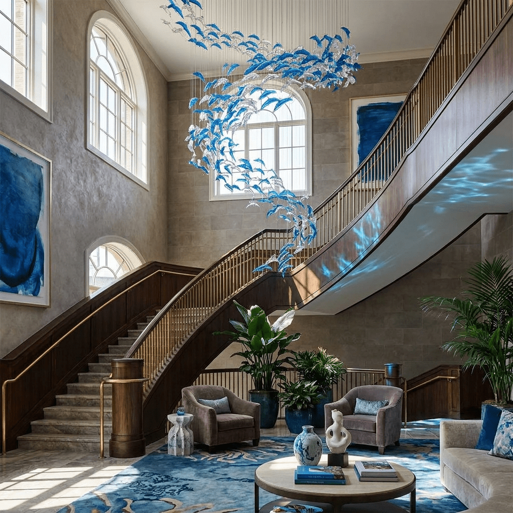 Nerissa LED Glass Dolphin Chandelier - Dia 59.1″ × H 70.9″Blue & ClearWarm LightBlushlighting