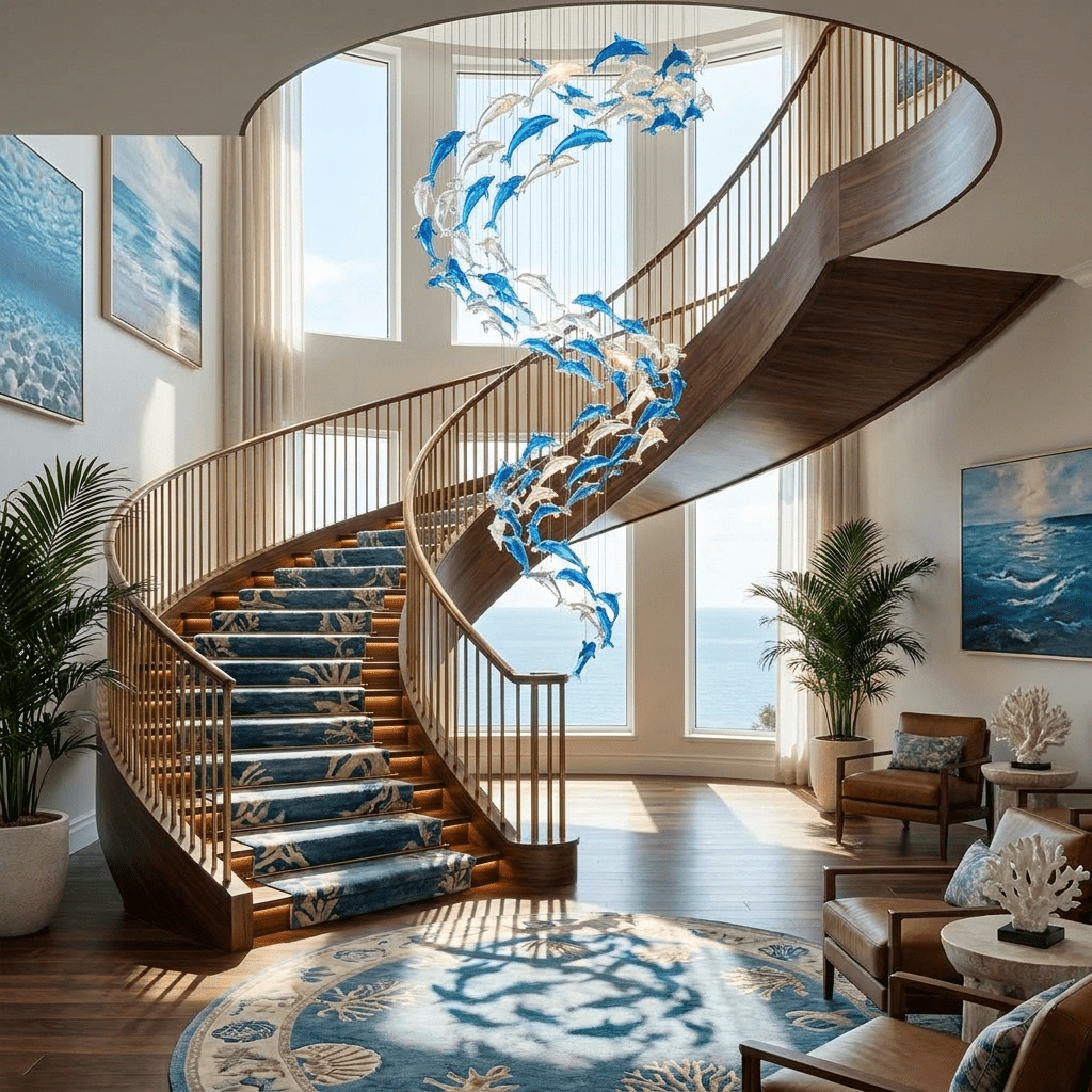 Nerissa LED Glass Dolphin Chandelier - Dia 59.1″ × H 70.9″Blue & ClearWarm LightBlushlighting