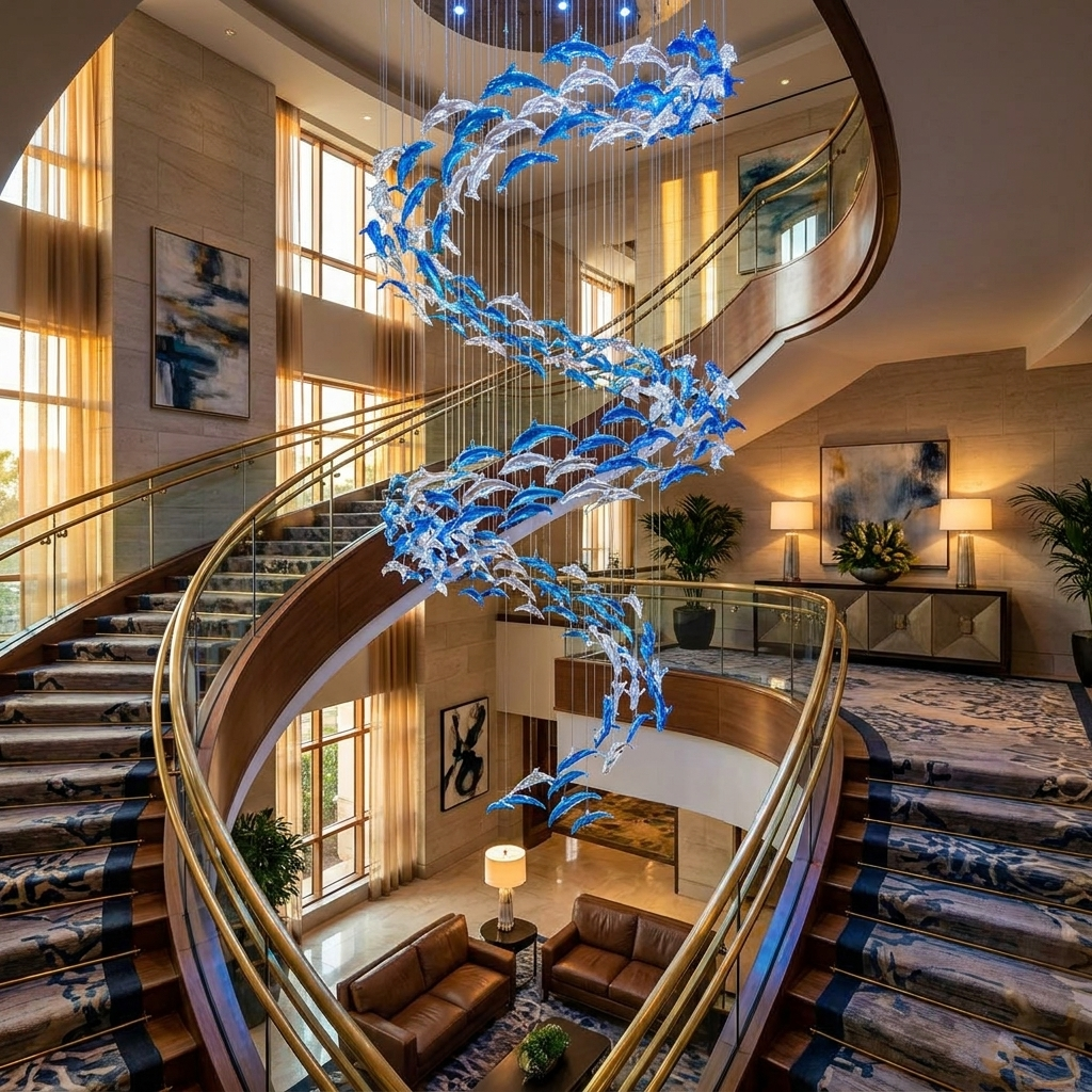 Nerissa LED Glass Dolphin Chandelier - Dia 59.1″ × H 70.9″Blue & ClearWarm LightBlushlighting