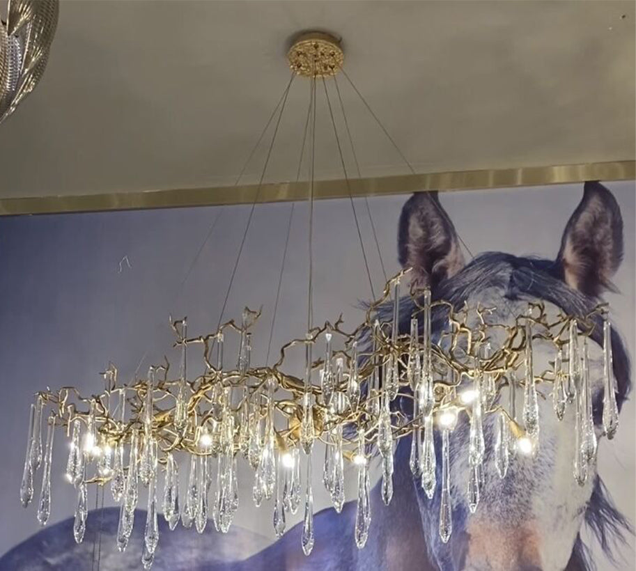 New Clear Crystal Rain Copper Branch Chandelier Modern Designer Pendant Light For Dining Table/Kitchen Island-Chandeliers-Blushlighting