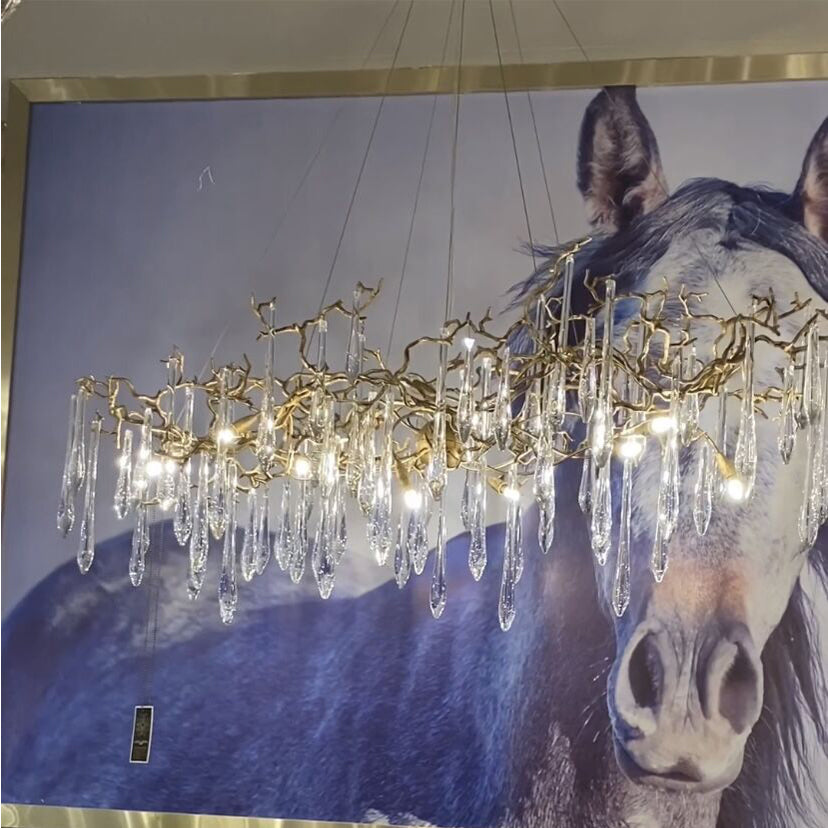 New Clear Crystal Rain Copper Branch Chandelier Modern Designer Pendant Light For Dining Table/Kitchen Island-Chandeliers-Blushlighting