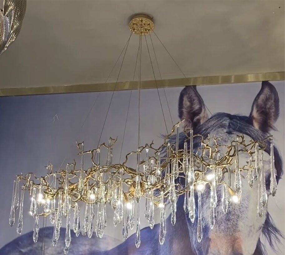 New Clear Crystal Rain Copper Branch Chandelier Modern Designer Pendant Light For Dining Table/Kitchen Island - Rectangular L39.4"*W13.8"*H19.7"Warm LightBlushlighting