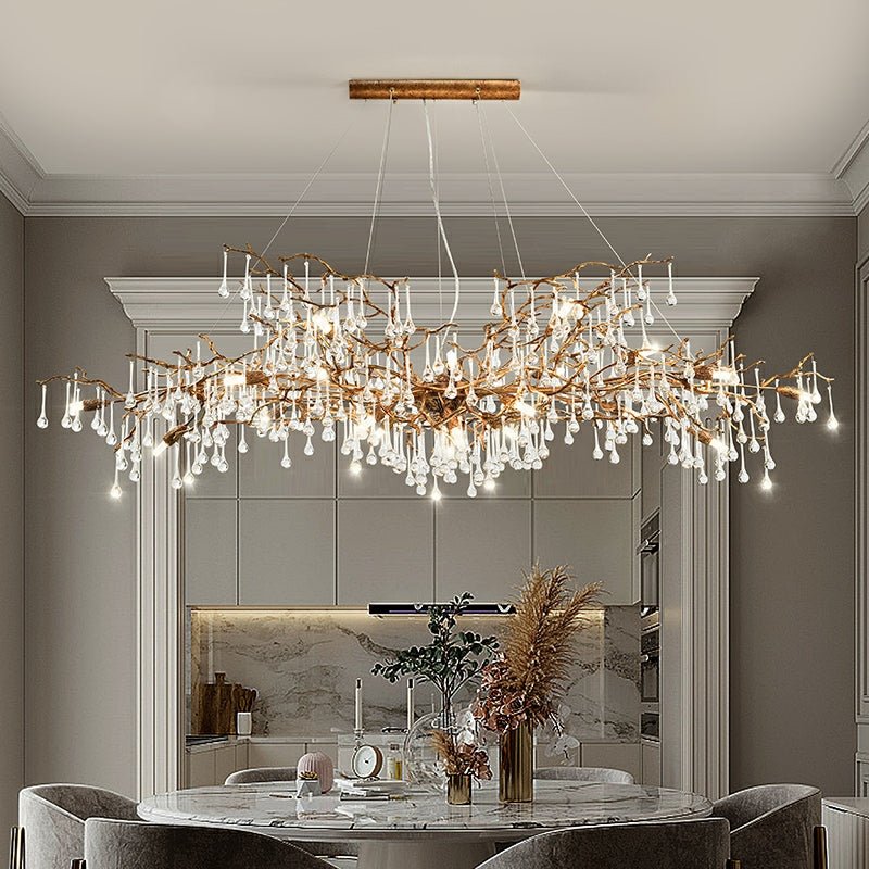 New Style Extra Large Brass Branch Chandelier Light Crystal Drops Pendant Lamp For Living/ Dining Room - L47.2"*W21.7"*H23.6"/ 14 Lights/36.4kgWarm LightBlushlighting