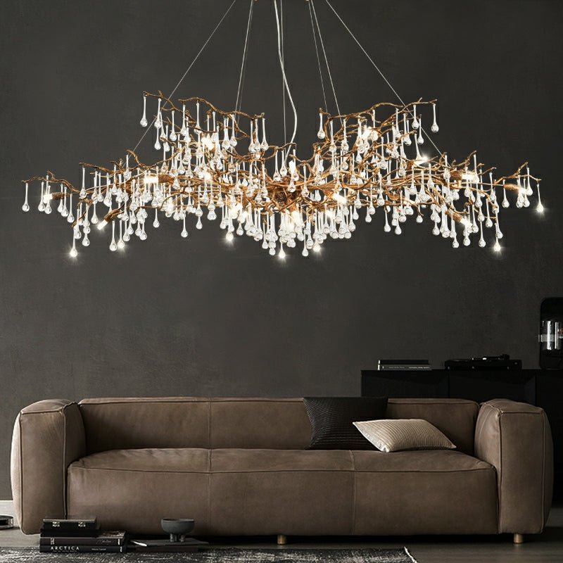New Style Extra Large Brass Branch Chandelier Light Crystal Drops Pendant Lamp For Living/ Dining Room - L47.2"*W21.7"*H23.6"/ 14 Lights/36.4kgWarm LightBlushlighting